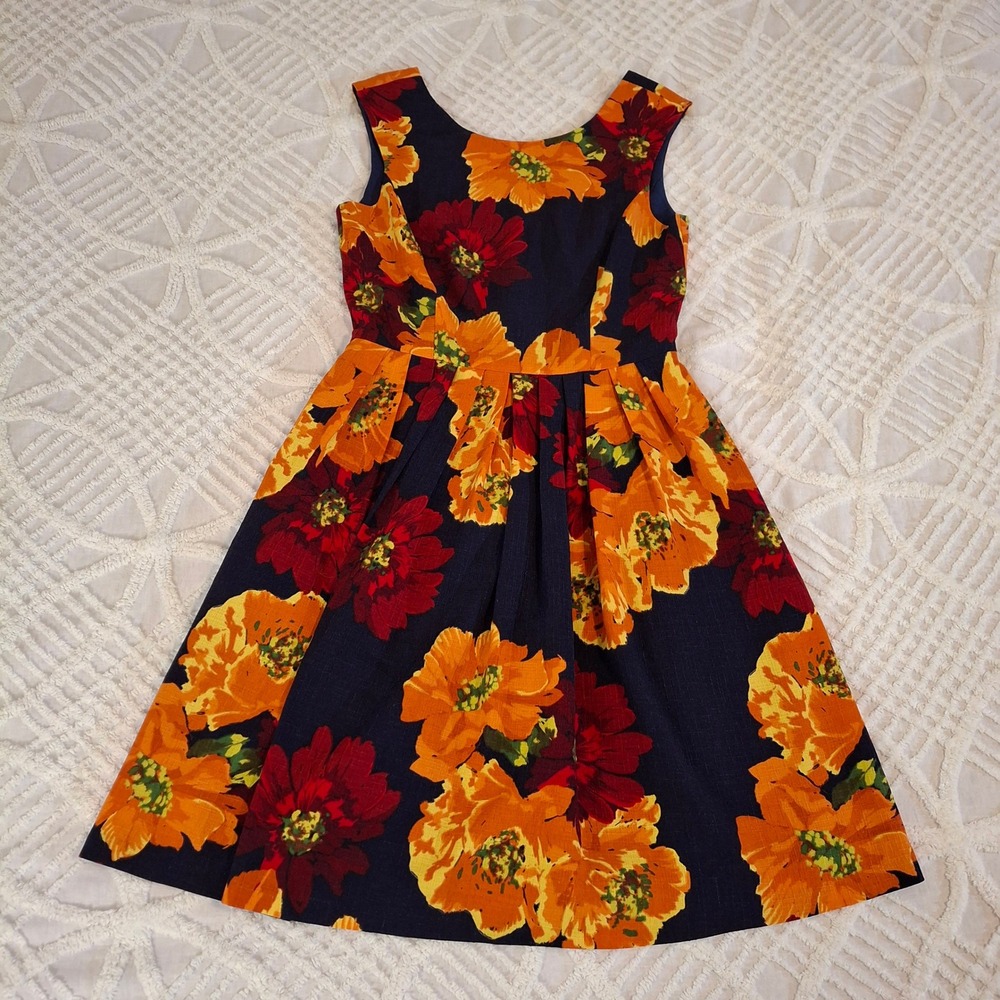 Ellen Tracy Women Size‎ 4 Floral Navy Blue Sleeveless A-Line Dress